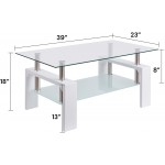 SunsGrove Rectangle Glass Coffee Table Modern 2-Tier Tea Table with Metal Tube Legs and Tempered Glass Tabletop for Living Room White