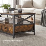 VASAGLE Coffee Table with 2 Drawers and Open Storage Shelf 39.4 x 21.7 x 17.7 Inches Living Room Table X Shaped Steel Frame Industrial Style Rustic Brown and Black ULCT201B01