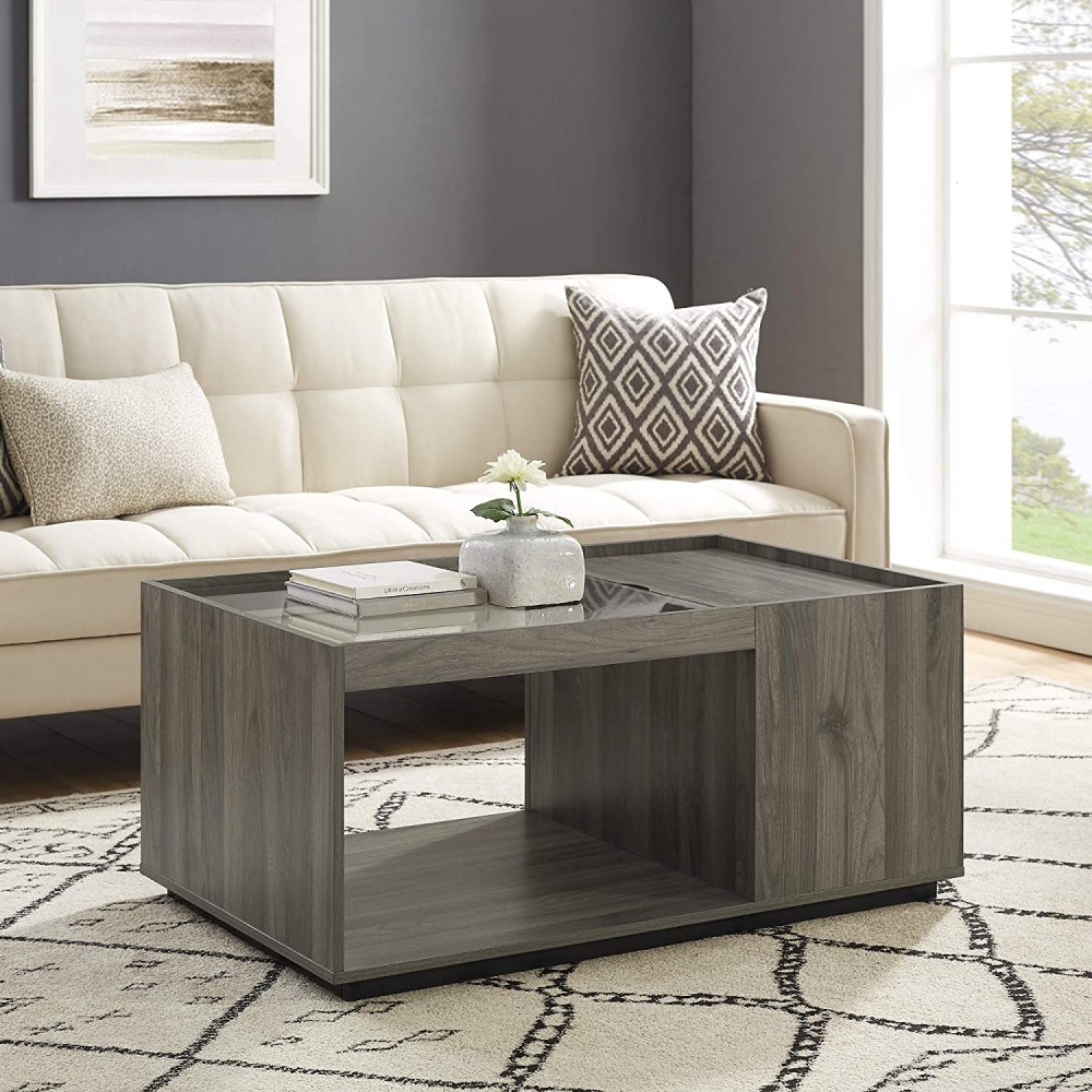 Walker Edison Modern Wood and Glass Rectangle Coffee Table Living Room Ottoman Storage Shelf 40 Inch Slate Grey
