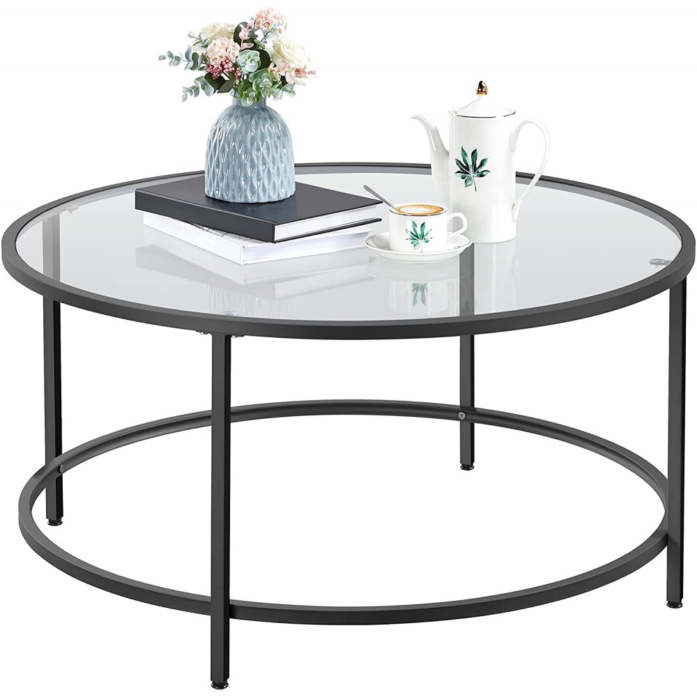 Yaheetech 36in Modern Coffee Table,Black Round Sofa Accent End Table w Glass-Top & Protective Foot Pads,Metal Structure & Reinforced Frame for Living Room,Dining Room,Apartment,Small Space