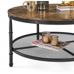 Yaheetech Round Coffee Table,2-Tier Industrial Sofa Accent Table Furniture for Living Room w Iron Mesh Storage Shelf Wooden Tabletop,X-Shaped Reinforcing Bar,Open Shelf,Rustic Brown