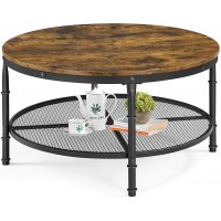 Yaheetech Round Coffee Table,2-Tier Industrial Sofa Accent Table Furniture for Living Room w Iron Mesh Storage Shelf Wooden Tabletop,X-Shaped Reinforcing Bar,Open Shelf,Rustic Brown