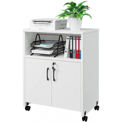 2 Door Wood File Cabinet On Wheels Mobile Lateral Storage Cabinet Printer Stand for Home Office White