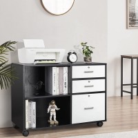 Bonnlo Wood 3 Drawer File Cabinets for Home Office Lateral File cabinets with Lock Printer Stand with File Cabinet Rolling File cabinets with Open Shelves Storage Black & White 26” H