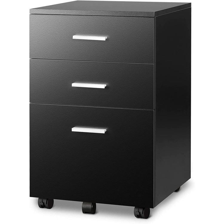 DEVAISE 3 Drawer Mobile File Cabinet Wood Filing Cabinet fits A4 or Letter Size for Home Office Black