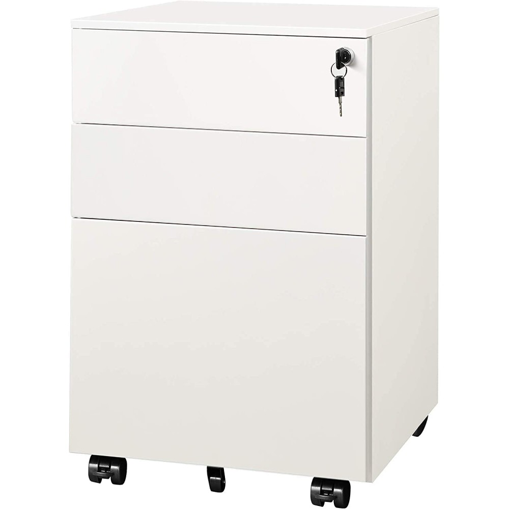 DEVAISE Locking File Cabinet 3 Drawer Rolling Pedestal Under Desk Fully Assembled Except Casters White