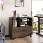 DEVAISE Wood Lateral File Cabinet with 1 Drawer Printer Stand with Storage Shelves Large Mobile Filing Cabinet for Home Office Walnut
