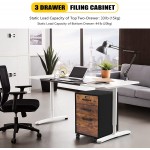 Jvareaty Mobile File Cabinet Industrial Office Filing Cabinets with Wheels and Lock 3 Drawer Wood Rolling File Cabinet for Legal A4 Letter Size Hanging File Folders Rustic Brown and Black