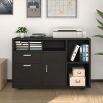 Large Wood File Cabinet 2 Drawer Mobile Lateral Filing Cabinets with Rolling Wheel Printer Stand with Open Storage Shelves File Cabinets for Home Office Black