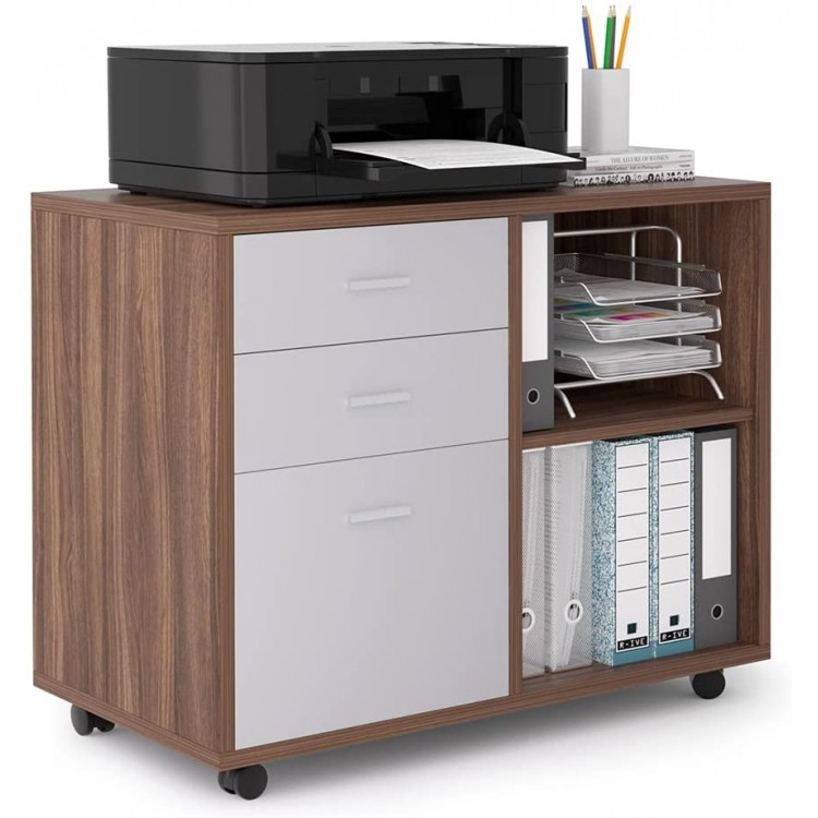 Lateral File Cabinets | Williamspace | Printer Stand Home Office Storage Cabinet with 3 Drawers & 2 Open Shelves Walnut + Grey