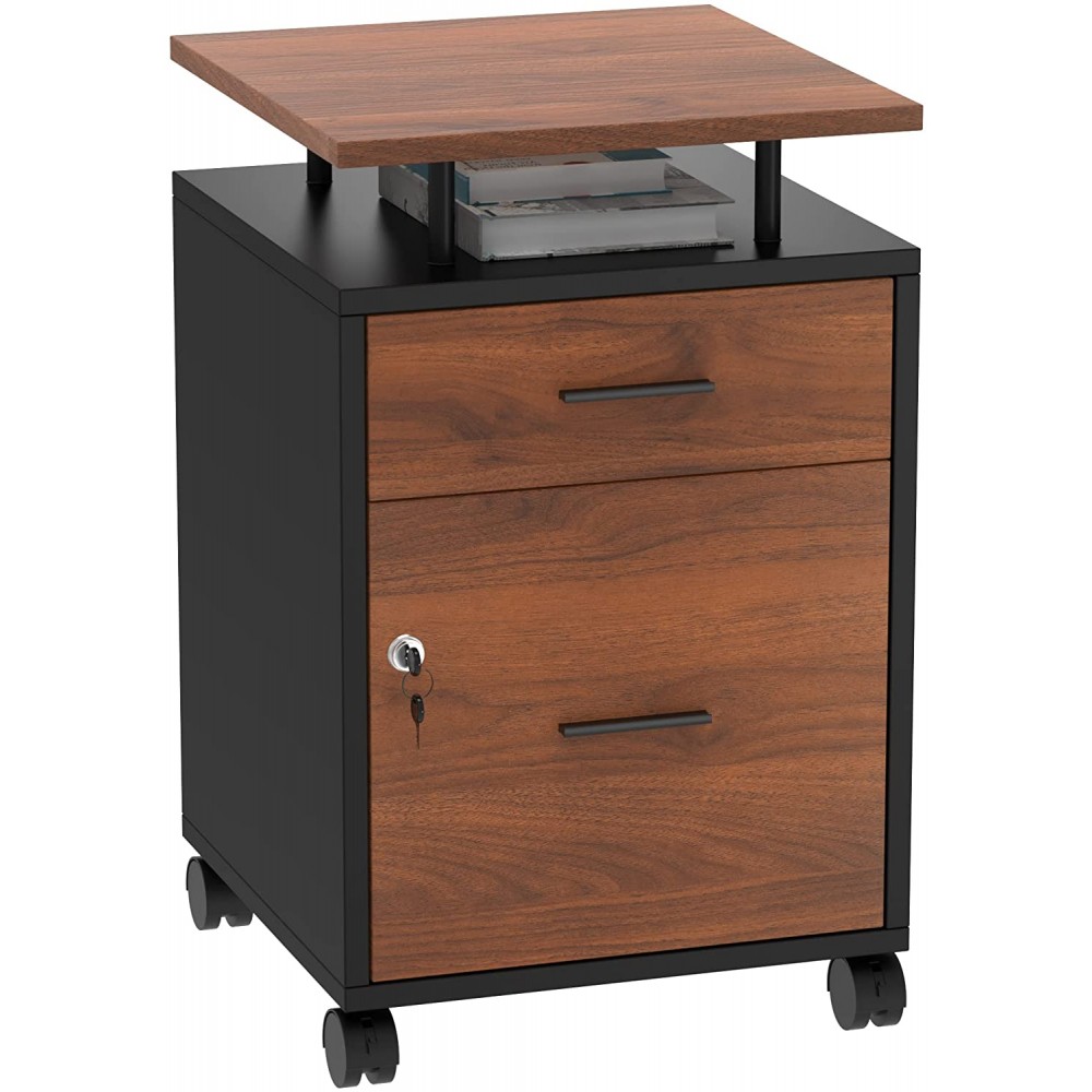 Naice File Cabinet with Lock Wood Mobile Office Cabinet with 2 Drawers Upgraded Filing Cabinet Home Office Printer Stand Enlarged Wheels Desk Storage Cabinet for Letter A4 Size Walnut Brown