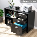 Office File Cabinet with 3 Drawers and Lock Wood Lateral Filing Cabinet Rolling Printer Stand with Open Shelves for Home Office Black