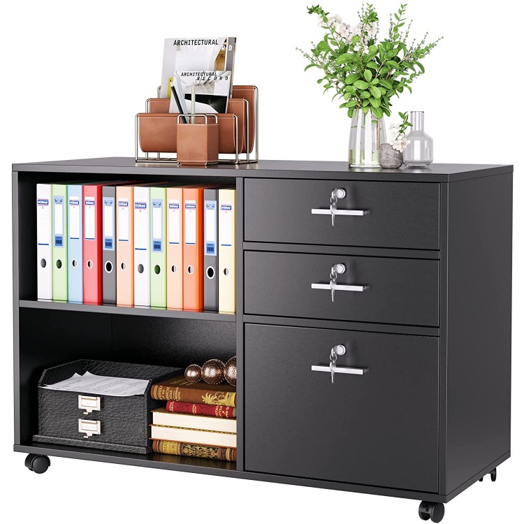 Office File Cabinet with 3 Drawers and Lock Wood Lateral Filing Cabinet Rolling Printer Stand with Open Shelves for Home Office Black