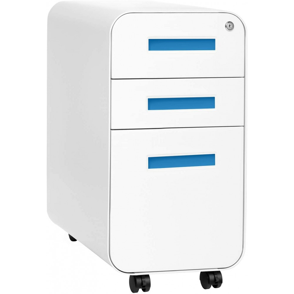 Stockpile Slim Version | 3-Drawer Mobile File Cabinet Commercial-Grade Pre-Assembled White Blue