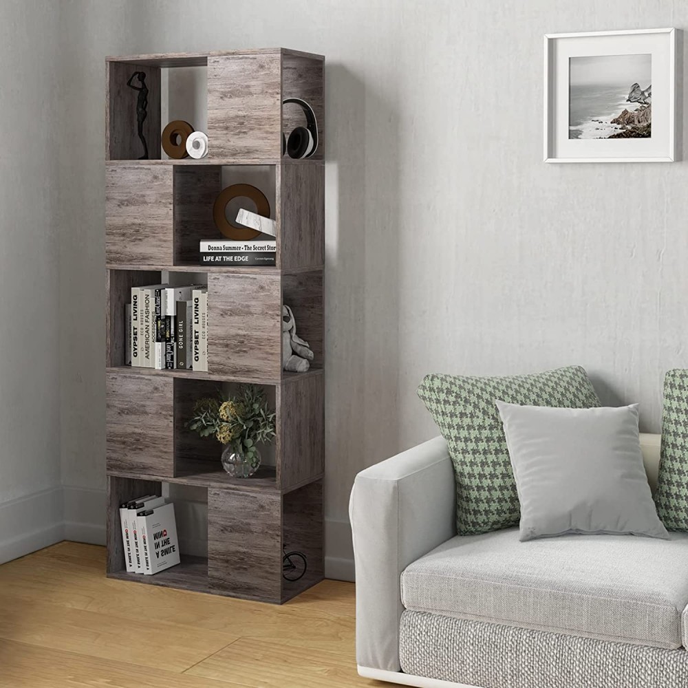5 Tier Bookcase Freestanding Bookshelf Wood Storage Display Cabinet Unit with Open Design Shelves for Home Office Grey