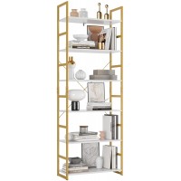 6 Tier Bookcase Free Standing Tall Book Shelf Storage Organizer Plant Flower Stand Rack for Living Room Kitchen Bathroom 27.5L x 11.8W x 76.7H Inch White Gold