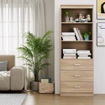 FOTOSOK 71 Inches Tall Storage Cabinet Bookcase with 3 Drawers and 3-Tier Open Shelves Wooden Bookshelf Storage Organizer for Living Room Study Kitchen Home Office Oak