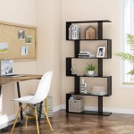 Function Home 5-Tier Geometric Bookshelf Wooden S-Shaped Bookcase Display Shelf for Living Room Bedroom and Study Room in Black