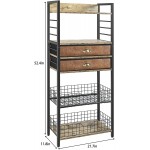Ksarou Bookshelf Industrial Retro Wood Bookcase with 2 Drawers and Wire Storage Baskets 4 Tier Standing Tall Book Storage Shelf Display Rack for Living Room Bedroom Office Rustic Brown