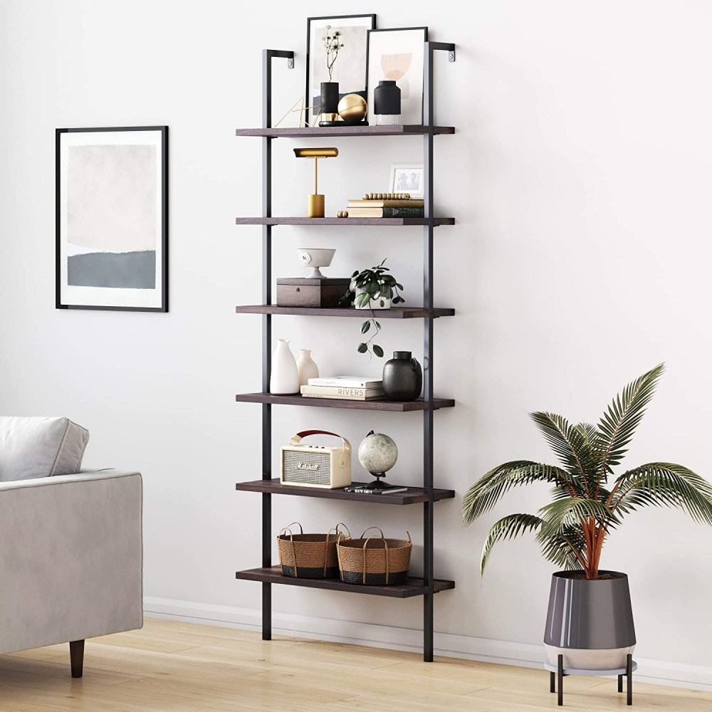 Nathan James Theo 6-Shelf Tall Bookcase Wall Mount Bookshelf with Natural Wood Finish and Industrial Metal Frame Nutmeg Matte Black