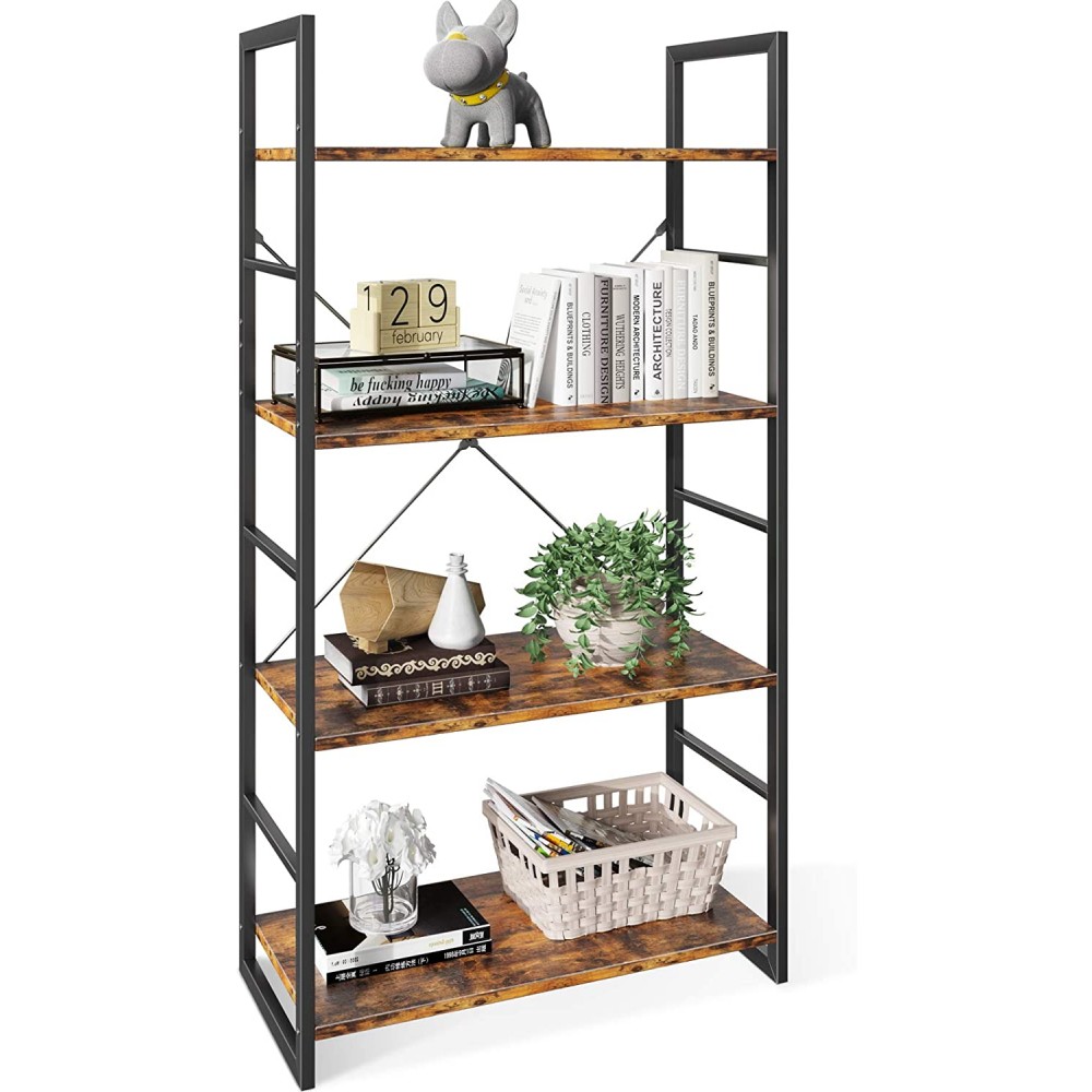 ODK Bookshelf 4 Tier Shelf Storage Organizer Modern Book Shelf with Metal Frame for Bedroom Living Room and Home Office Rustic Brown