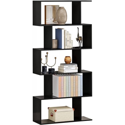 Petiture 5-Tier Bookcase Geometric Bookshelf,Wooden S Shape Free Standing Bookshelf Display Bookshelf for Living Room,Study Room,Office,Bedroom Black