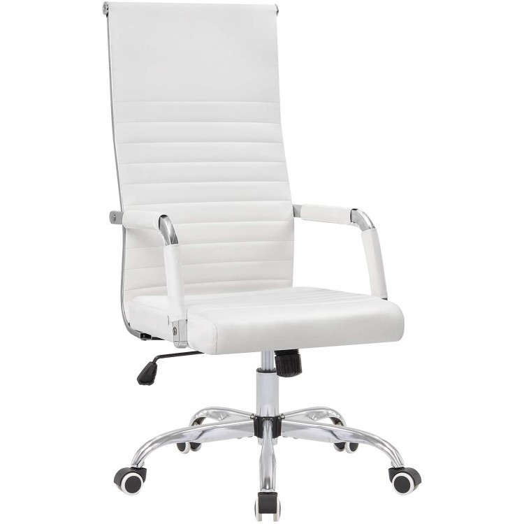 KaiMeng Ribbed Office High Back PU Leather Desk Adjustable Swivel Task Computer Chair with Armrest for Conference Study Leisure White