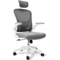 Leteuke Office Chair Ergonomic Office Chair with Padded Lumbar Support and 90° Flip-up Armrests High Back Mesh Home Office Chair 125° Reclining Computer Desk Chair White+Grey