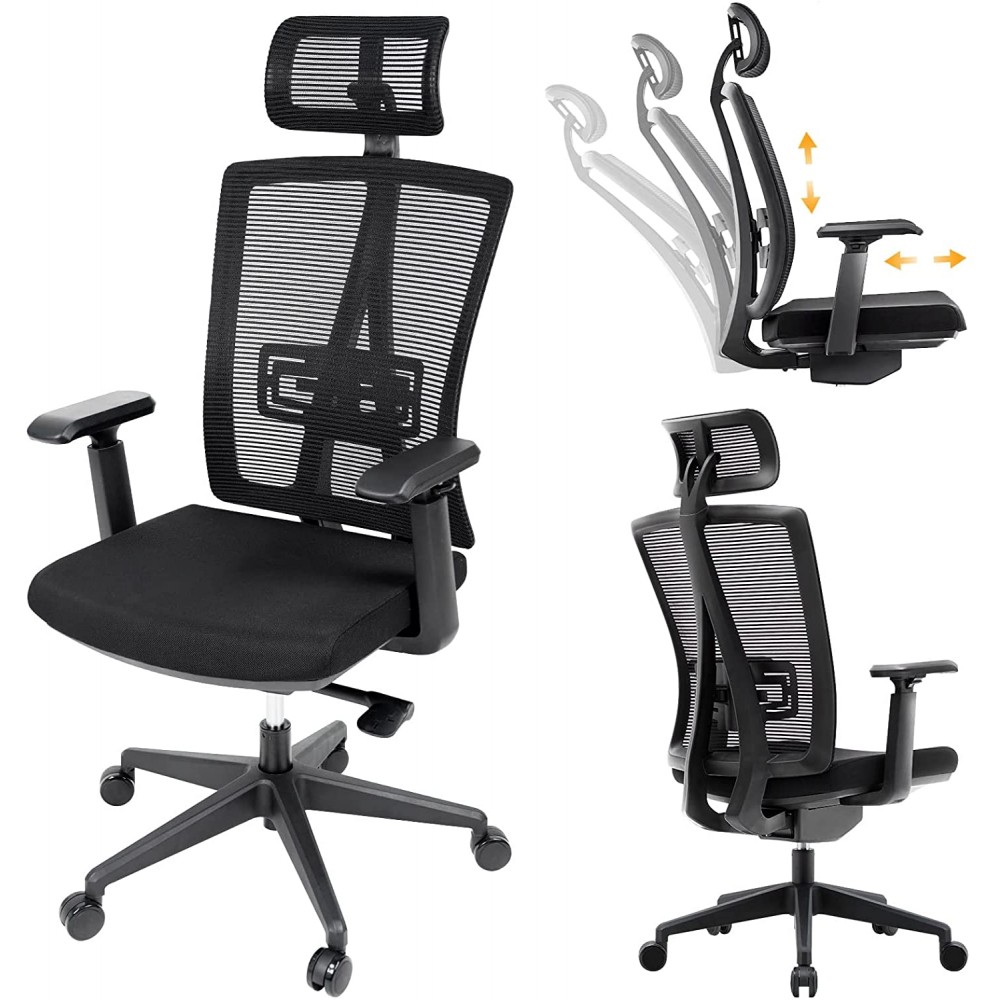 RONGBUK 3D Ergonomic Home Office Chair with Lumbar Support High Back Desk Chair with Thick Seat Cushion Adjustable & 3D Armrest Headest Mesh Computer Task Chair for Home Office Gaming Black