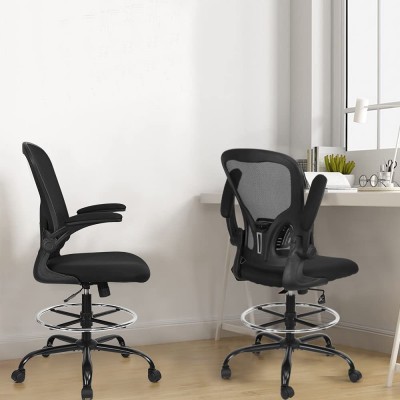 Tall Office Drafting Chair Mesh Ergonomic Sit Stand Chair Executive Rolling Swivel Computer Task Chair with Back Support for Standing Desk Stool with Adjustable Foot Ring and Flip-Up Arms