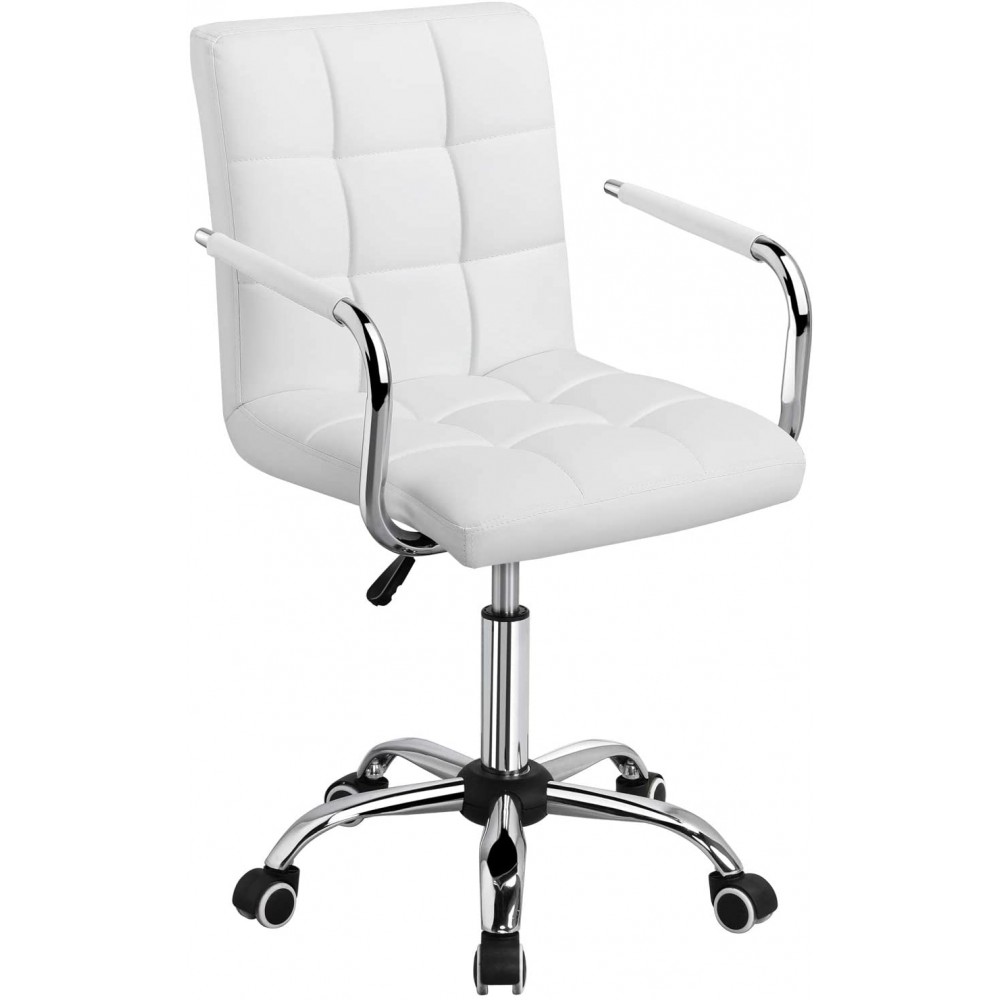 Yaheetech White Desk Chairs with Wheels Armrests Modern PU Leather Office Chair Midback Adjustable Home Computer Executive Chair on Wheels 360° Swivel