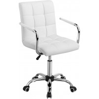 Yaheetech White Desk Chairs with Wheels Armrests Modern PU Leather Office Chair Midback Adjustable Home Computer Executive Chair on Wheels 360° Swivel