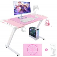53 Inch Pink Gaming Desk Gaming Computer Desk with RGB LED Light Large Z Shape Racing Table with Split Joint Desktop Mouse Pad Headphone Hook & Cup Holder for Home Office Bedroom