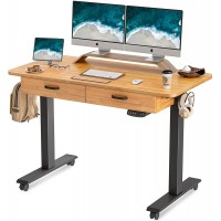 BANTI Adjustable Height Electric Standing Desk with Double Drawer 55x 24 Inches Stand Up Home Office Desk with Splice Tabletop Black Frame Rubberwood Top B-SDE-WDD