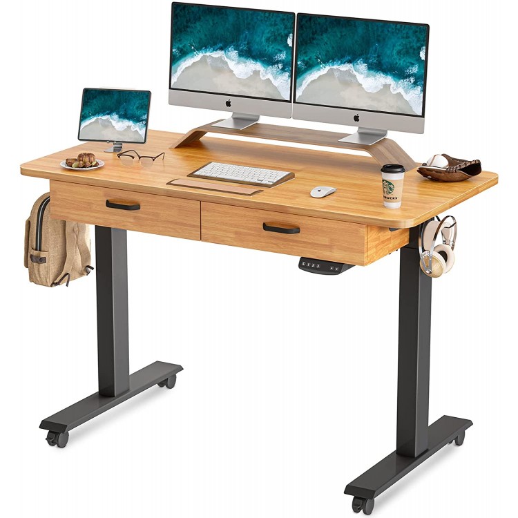 BANTI Adjustable Height Electric Standing Desk with Double Drawer 55x 24 Inches Stand Up Home Office Desk with Splice Tabletop Black Frame Rubberwood Top B-SDE-WDD