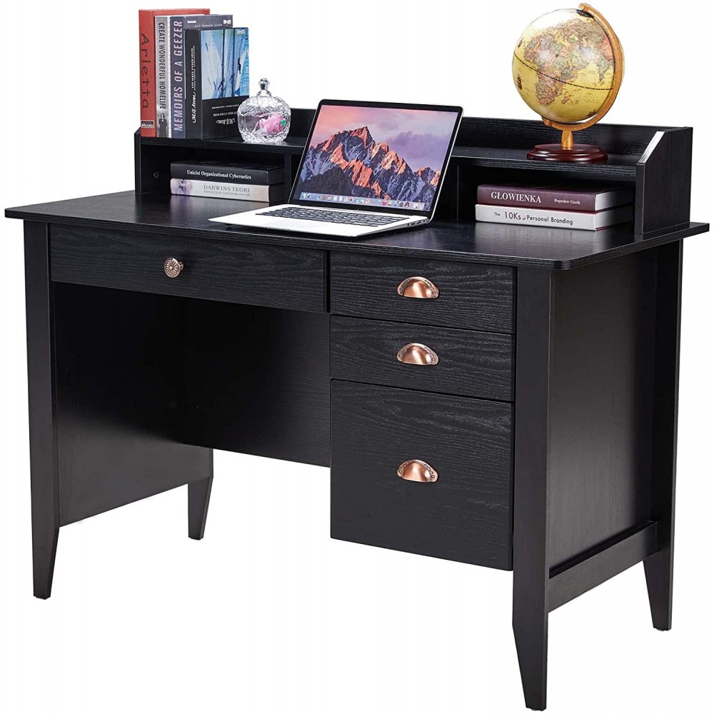Computer Desk with 4 Drawers and Hutch Shelf Home Office Desk Writing Sturdy PC Laptop Notebook Desk Spacious Desktop Texture Black