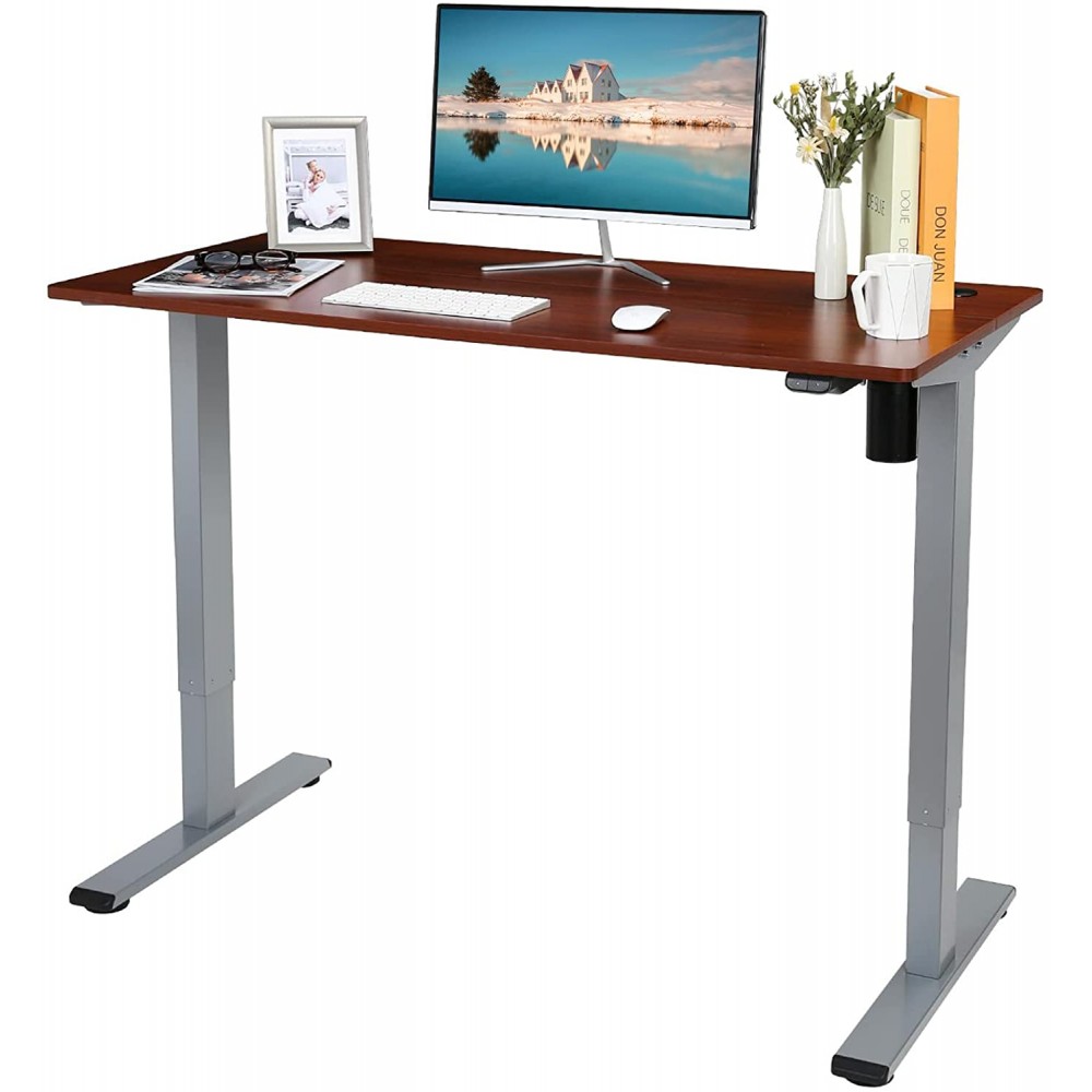 Electric Standing Desk Height Adjustable Desk Sit Stand Up Desk 48 x 24 Inches with Splice Board for Home OfficeSilver Frame + Mahogany Top