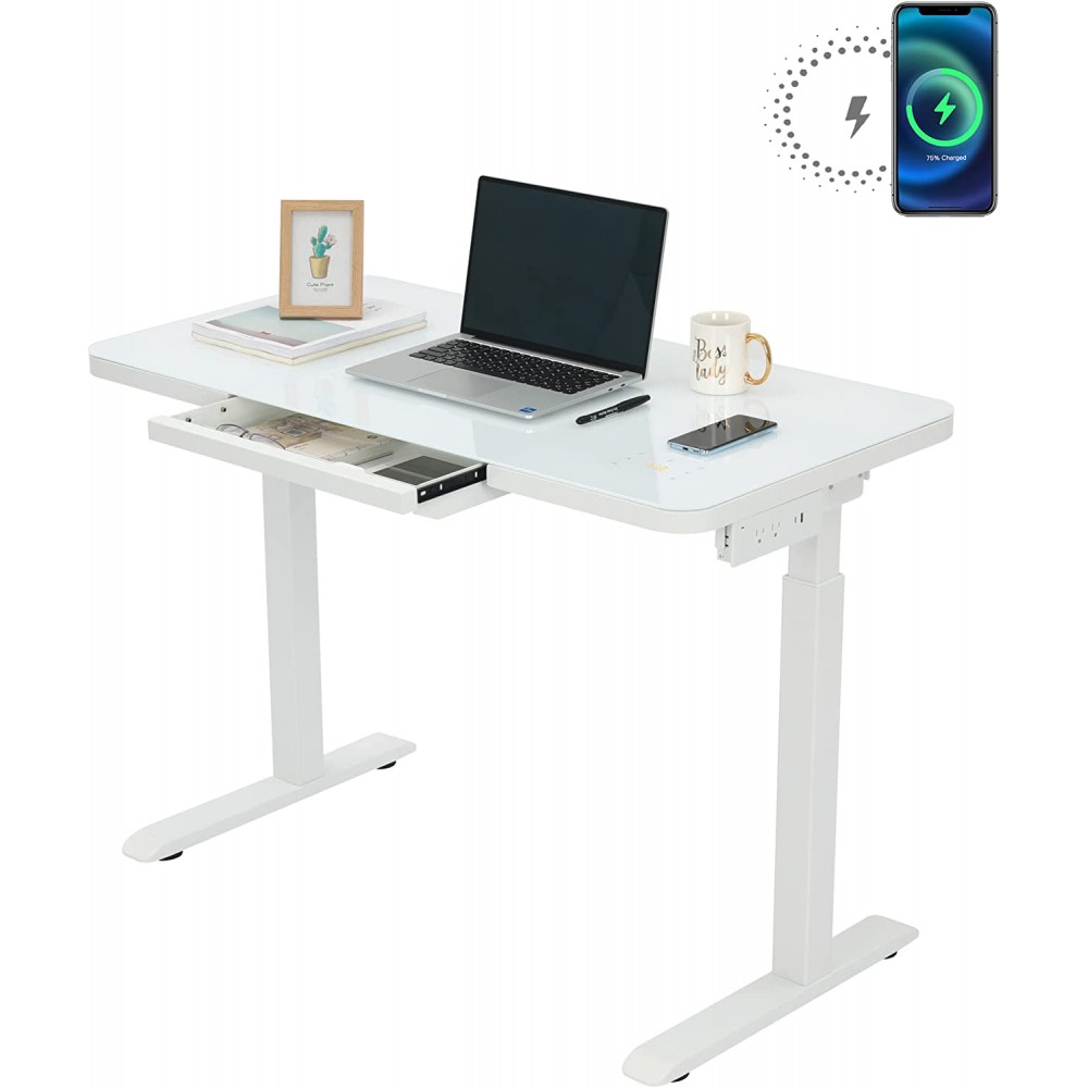 FARRAY Glass Standing Desk with Wireless Charging 45 x 23 Inch Dual Motor Electric Height Adjustable Desk with Drawer Touch Control Panel Power Strip & USB Ports White Sit Stand Desk