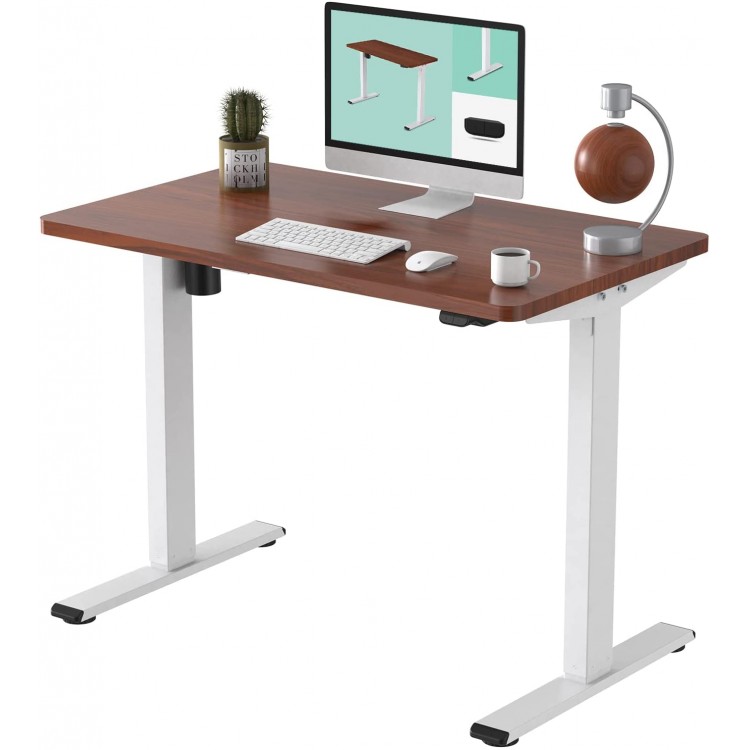 FLEXISPOT EC1 Adjustable Height Desk 42 x 24 Inches Small Desk for Small Space Electric Sit Stand Home Office Table Standing Desk Classic White Frame + 42 inch Mahogany Desktop
