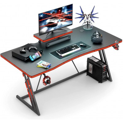Furmax 55 inch Gaming Desk PC Computer Table Racing Style Home Office Desk Z Shaped Carbon Fiber Desktop Gamer Workstation with Monitor Stand Cup Holder and Headphone Hook 55 inch