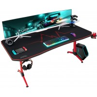 Furmax 63 Inch Gaming Desk T-Shaped PC Computer Table with Carbon Fibre Surface Free Mouse Pad Home Office Desk Gamer Table Pro with Game Handle Rack Headphone Hook and Cup Holder Red
