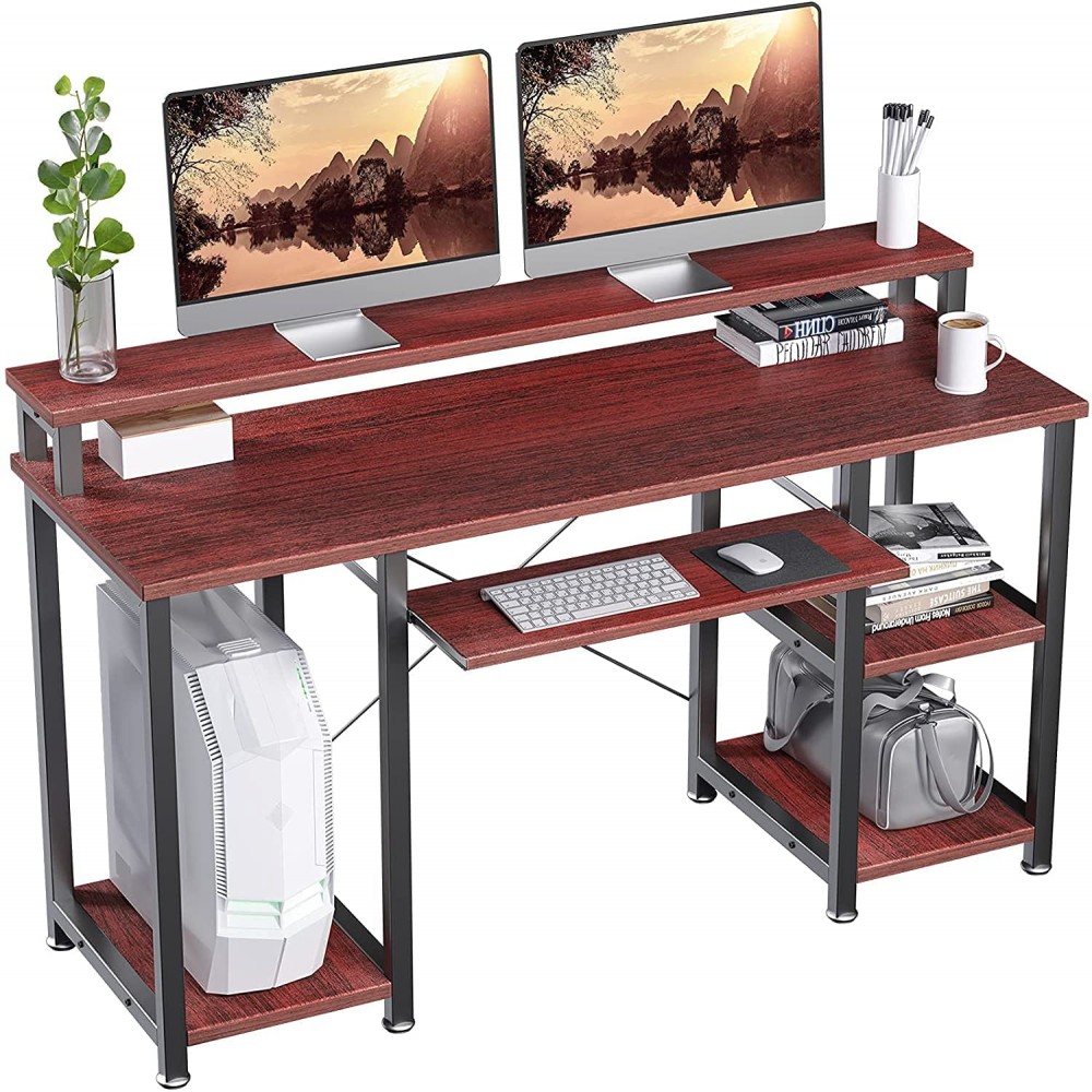NOBLEWELL Computer Desk with Monitor Stand Storage Shelves Keyboard Tray，47" Studying Writing Table for Home Office Cherry