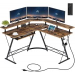 Rolanstar Computer Desk L Shaped with Power Outlet 54” L Shaped Computer Corner Desk with Monitor Standand Keyboard Tray Home Office Desk with USB Port & Hook Rustic Brown