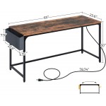 Rolanstar Computer Desk with Power Outlet 63” Home Office PC Desk with USB Ports Charging Station Desktop Table with Side Storage Bag and Iron Hooks Stable Metal Frame Workstation Rustic Brown