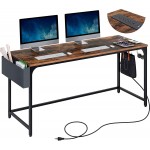 Rolanstar Computer Desk with Power Outlet 63” Home Office PC Desk with USB Ports Charging Station Desktop Table with Side Storage Bag and Iron Hooks Stable Metal Frame Workstation Rustic Brown