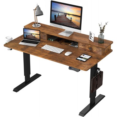 Saedew Electric Standing Desk Adjustable Height Desk 47 Inch with Storage Shelf Standing Desk Adjustable Height for Home Office Desk with Hook and Cup Holder USB Charging Port Brown.