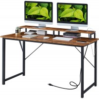 SUPERJARE Computer Desk with Power Outlet 55 inch Home Office Desks Industrial Desk with Monitor Shelf Writing Desk with Wooden Desktop and Metal Frame Rustic Brown