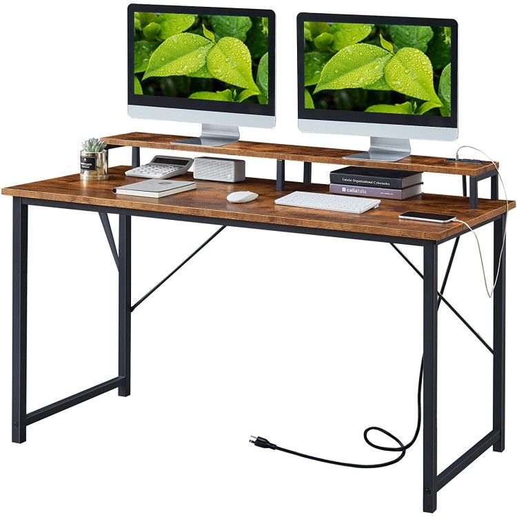 SUPERJARE Computer Desk with Power Outlet 55 inch Home Office Desks Industrial Desk with Monitor Shelf Writing Desk with Wooden Desktop and Metal Frame Rustic Brown