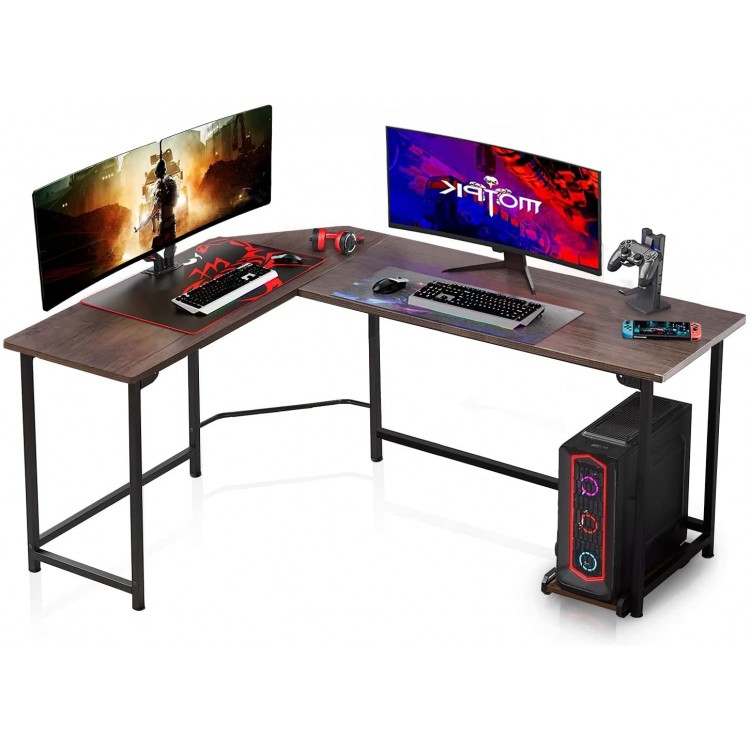 VECELO L-Shaped Corner CPU Stand Study Writing Table Workstation Gaming Computer Desk for Home Office,Coffee 66"x 18"x 29"