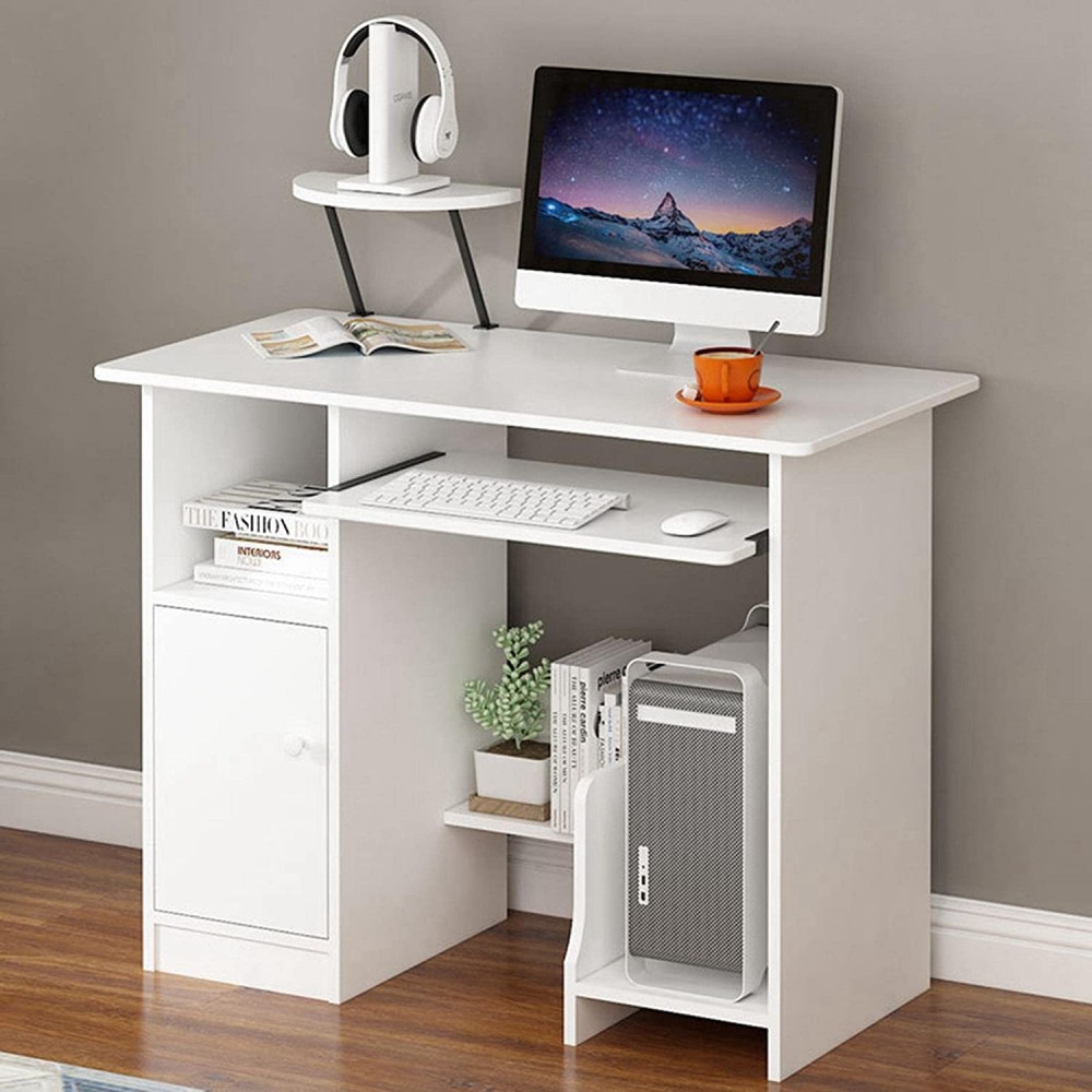 Wavsuf 35IN Home Office Desk Laptop Computer Desk with File Drawer Modern Simple Writing Table with Keyboard Tray Wood Executive Desk with Bookshelf Student Desk Bwhite